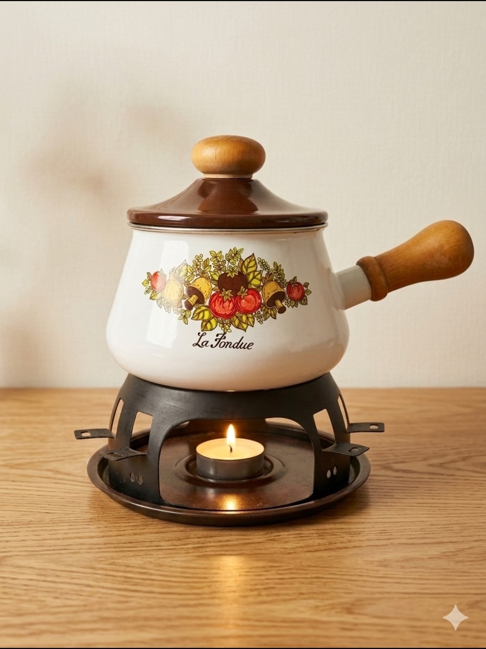 Vintage Levcoware Enamel Fondue Pot Set | La Fondue Retro 1970s